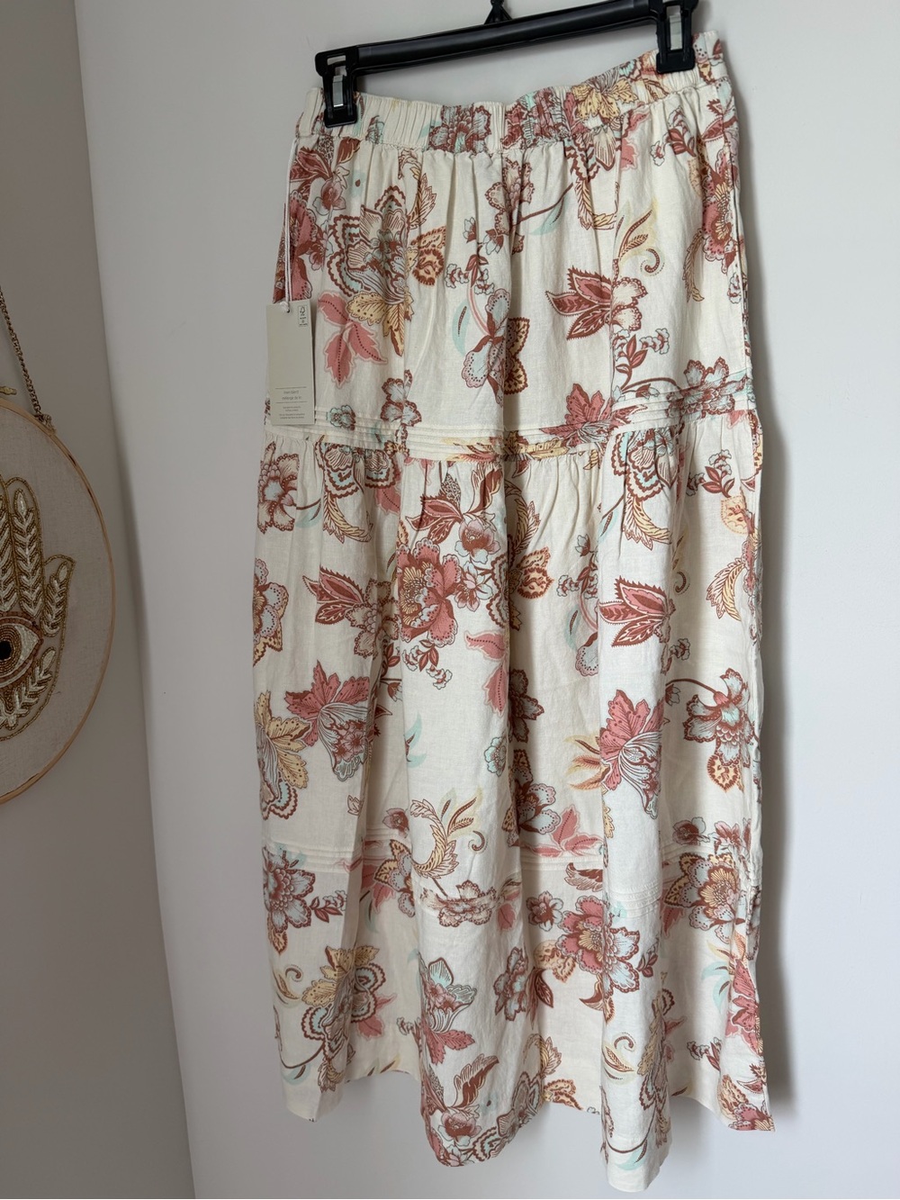 Joie Cream linen Floral Tiered Maxi Skirt with Pink and Rust Accents - Picture 6 of 7